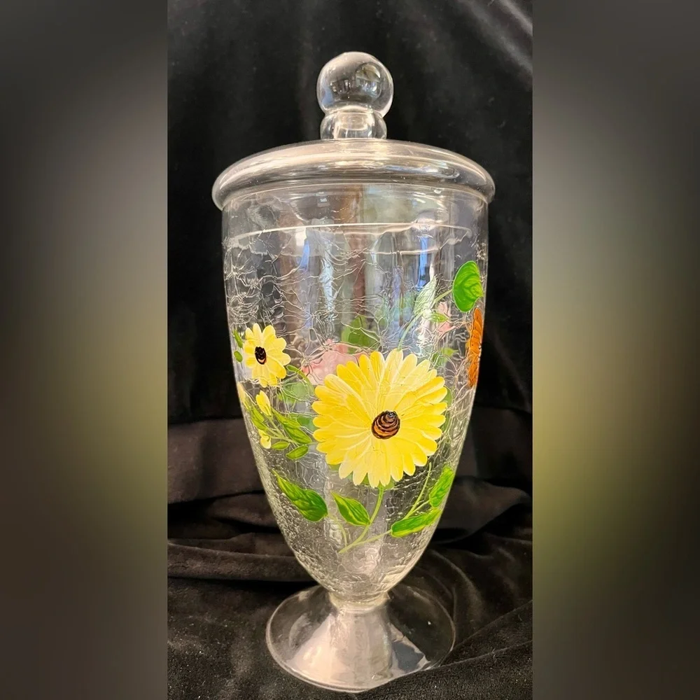 Lenox Meadow Hand Painted Crackle Glass Lidded Jar Cottagecore Garden Floral VTG